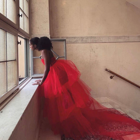 Tube top semi transparent tulle dress with train