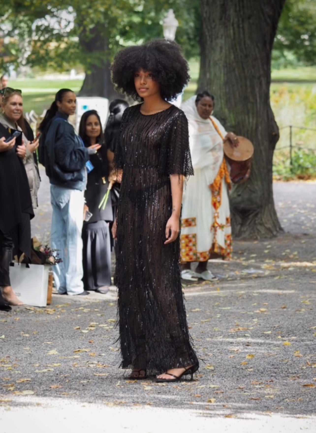 Sequined, long, sheer black, short sleeved dress.